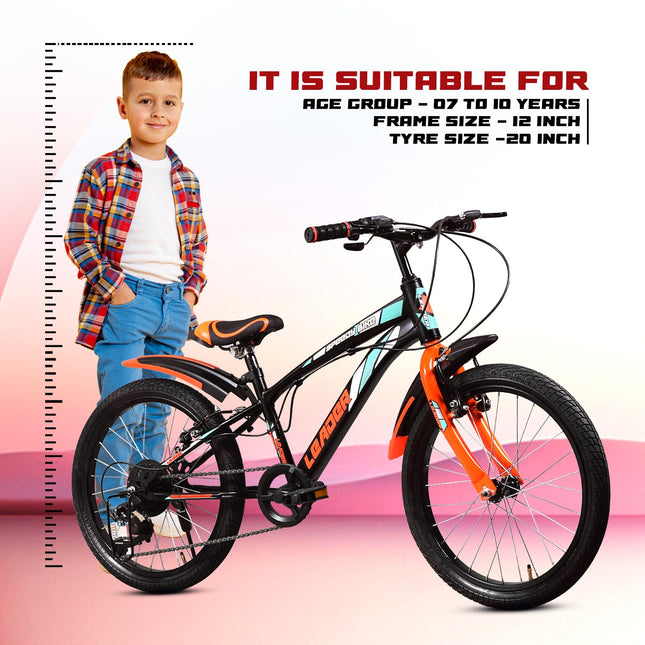 Leader Speedy Bike 20T 7 Speed Kids Cycle | Frame Size 12 Inch | Gear Cycle for Boys & Girls of Ages 7 to 10 Yrs - Black/Orange, Front Suspension 