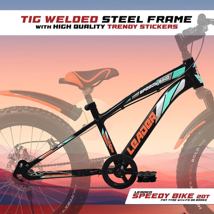 Leader Speedy Bike 20T Kids Cycle With Front Suspension | DD Brake | Ideal 7-10 Years 20 T Fat Tyre Cycle - Matt Black, 13 Inch 