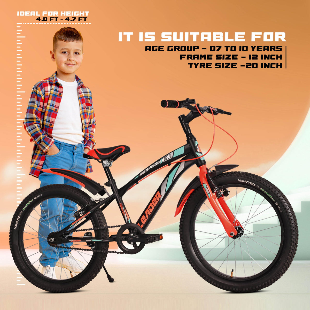 Leader Speedy Bike 20T Kids Cycle for Age 6 to 9 Years (Black/Orange) | Frame Size 12" | Unisex Cycle 