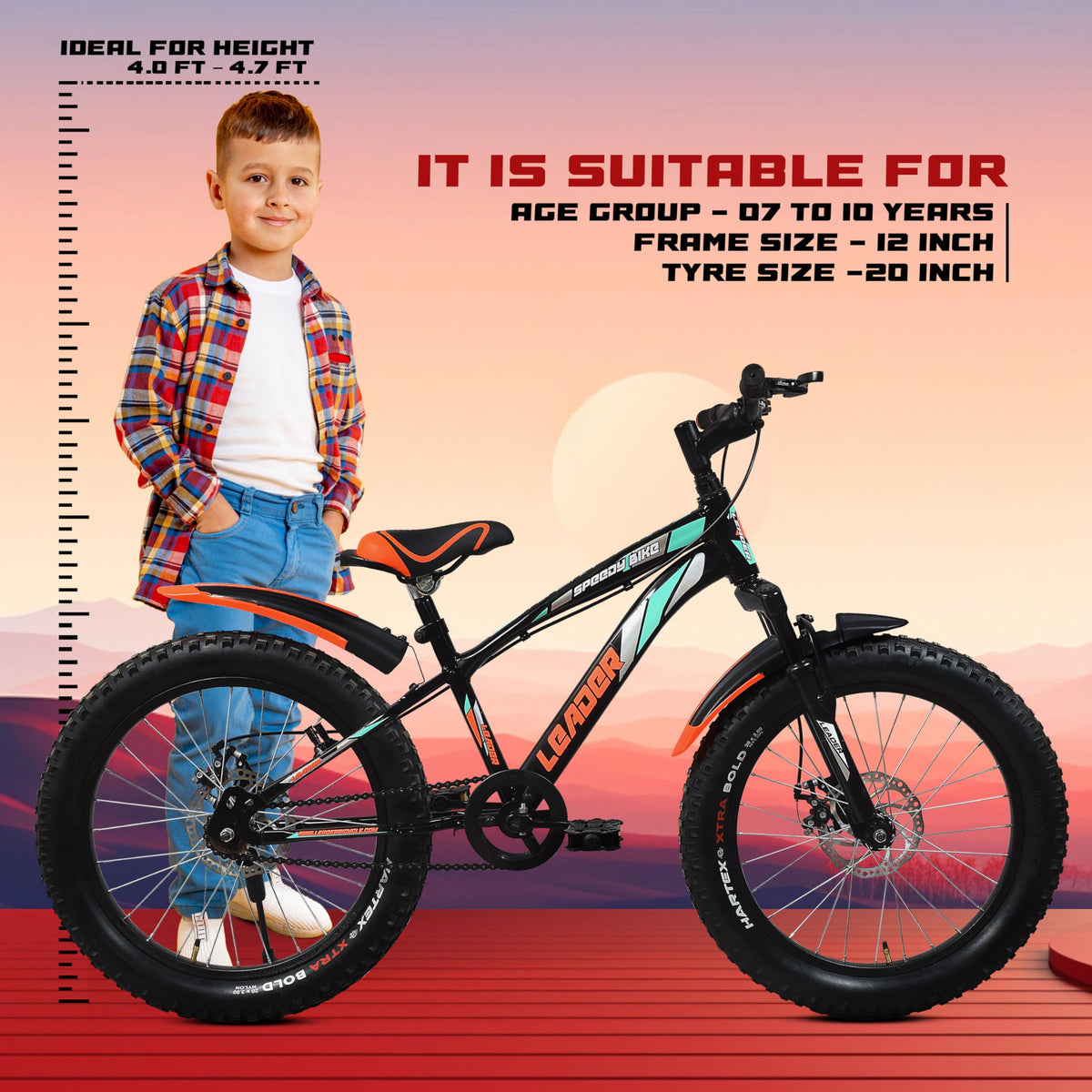 Leader Speedy Bike 20T Kids Cycle with Front Suspension | DD Brake | Ideal 7-10 Years 20 T Fat Tyre Cycle - Matt Black, 13 Inch 