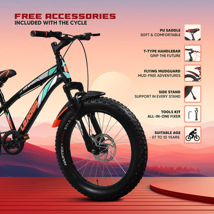 Leader Speedy Bike 20T Kids Cycle with Front Suspension | DD Brake | Ideal 7-10 Years 20 T Fat Tyre Cycle - Matt Black, 13 Inch 