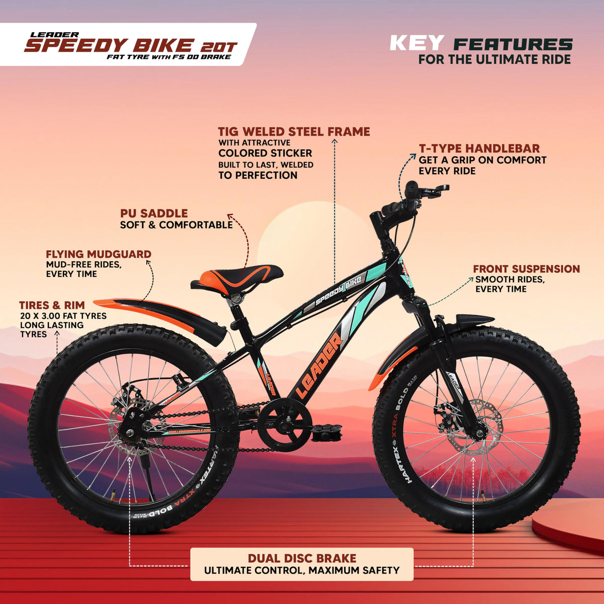 Leader Speedy Bike 20T Kids Cycle with Front Suspension | DD Brake | Ideal 7-10 Years 20 T Fat Tyre Cycle - Matt Black, 13 Inch 