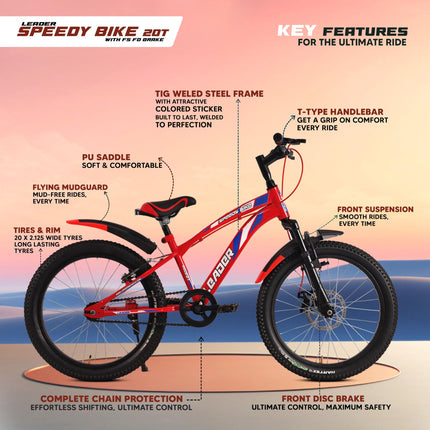 Leader Speedy Bike 20T Single Speed Kids Cycle with Front Suspension & Front Disc Brake Ideal for 7-10 Years Age 