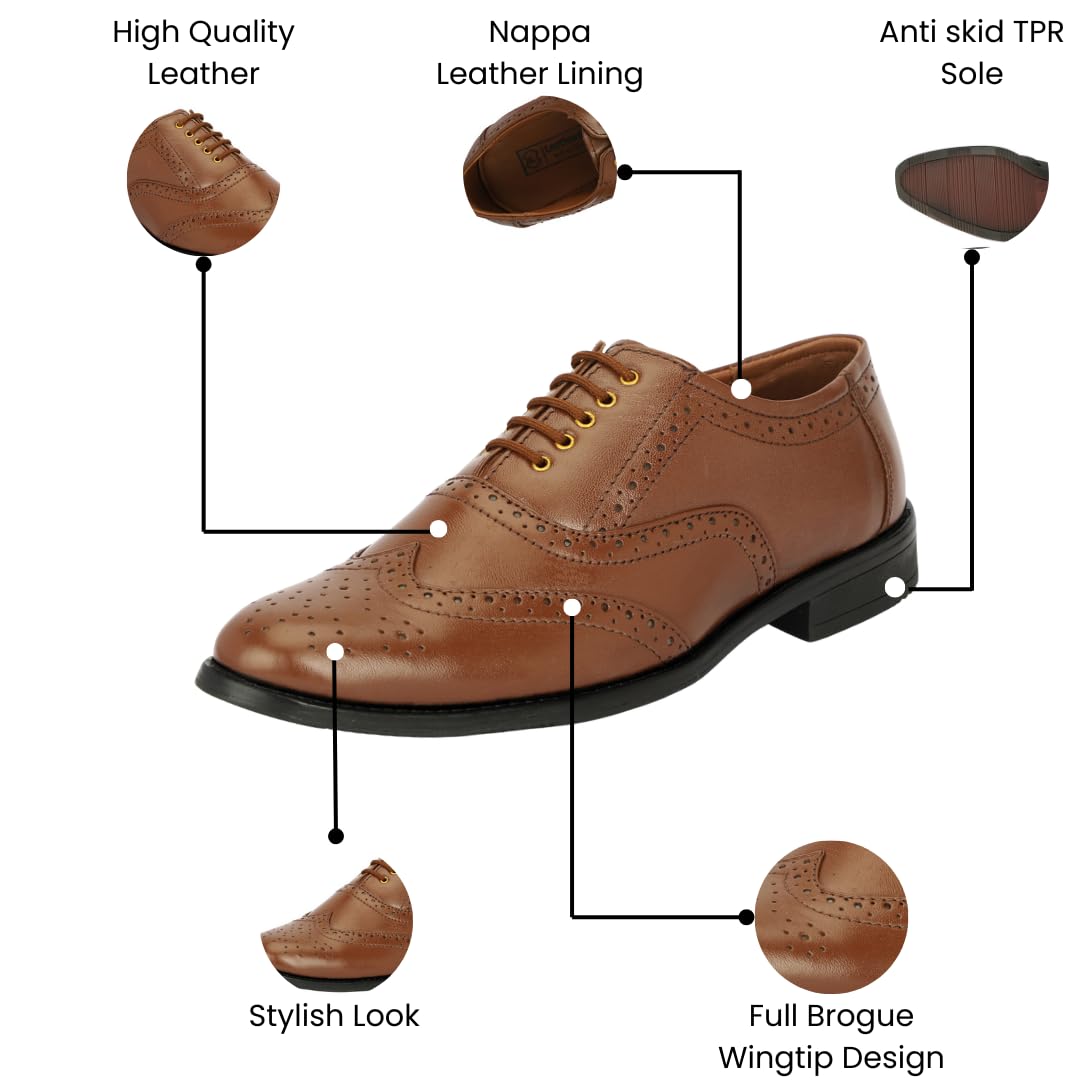Leatherful Genuine Leather Brogue Shoes for Men | TPR Sole & Nappa Leather Lining | Classic Dress Footwear (TAN, UK Footwear Size System, Adult, Men, Numeric, Medium, 7) 