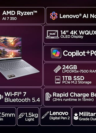 Lenovo IdeaPad 5 2-in-1 AMD Ryzen AI 7 350 (24GB RAM/1TB SSD/14 (35.5cm)/WUXGA OLED/Windows 11 AI Now/Copilot+PC/Office Home 2024/Digital Pen 2/Grey/1.5Kg), 83KT000LIN Convertible Laptop 