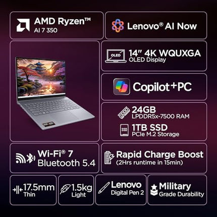 Lenovo IdeaPad 5 2-in-1 AMD Ryzen AI 7 350 (24GB RAM/1TB SSD/14 (35.5cm)/WUXGA OLED/Windows 11 AI Now/Copilot+PC/Office Home 2024/Digital Pen 2/Grey/1.5Kg), 83KT000LIN Convertible Laptop 