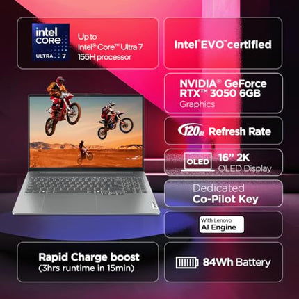 Lenovo IdeaPad Pro 5 Intel Core Ultra 7 155H Built-in AI 16" (40.6cm) 2K OLED 400Nits 120Hz Laptop (16GB/1TB SSD/NVIDIA RTX 3050 6GB/Win11/MSO 21/FHD+IR Camera/1Yr ADP Free/Grey/1.9Kg), 83D4002NIN 