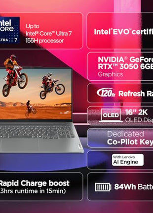 Lenovo IdeaPad Pro 5 Intel Core Ultra 7 155H Built-in AI 16" (40.6cm) 2K OLED 400Nits 120Hz Laptop (16GB/1TB SSD/NVIDIA RTX 3050 6GB/Win11/MSO 21/FHD+IR Camera/1Yr ADP Free/Grey/1.9Kg), 83D4002NIN 
