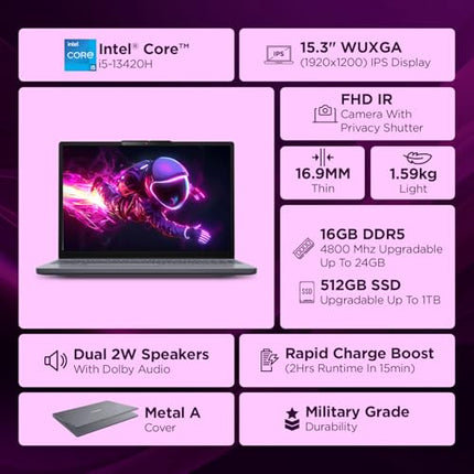 Lenovo IdeaPad Slim 3 13th Gen Intel Core i5-13420H 15.3"(38.8cm) WUXGA IPS Laptop(16GB RAM/512GB SSD/Win 11/Office Home 2024/Backlit/1Yr ADP Free/Top Metal Cover & IR Camera/Grey/1.6Kg), 83K100CGIN 