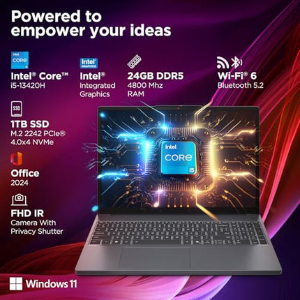 Lenovo IdeaPad Slim 3 13th Gen Intel Core i5-13420H 15.3 inch (38.8cm) WUXGA IPS Laptop (24GB RAM/1TB SSD/Windows 11/Office Home 2024/Backlit Keyboard/1Yr ADP Free/Grey/1.6Kg), 83K100PLIN 