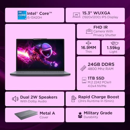 Lenovo IdeaPad Slim 3 13th Gen Intel Core i5-13420H 15.3 inch (38.8cm) WUXGA IPS Laptop (24GB RAM/1TB SSD/Windows 11/Office Home 2024/Backlit Keyboard/1Yr ADP Free/Grey/1.6Kg), 83K100PLIN 