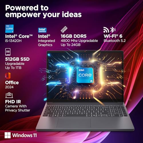 Lenovo IdeaPad Slim 3 13th Gen Intel Core i5-13420H 15.3"(38.8cm) WUXGA IPS Laptop(16GB RAM/512GB SSD/Win 11/Office Home 2024/Backlit/1Yr ADP Free/Top Metal Cover & IR Camera/Grey/1.6Kg), 83K100CGIN 