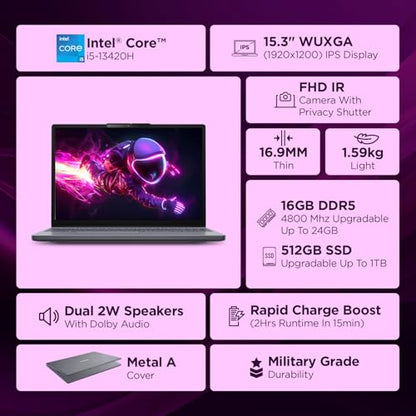 Lenovo IdeaPad Slim 3 13th Gen Intel Core i5-13420H 15.3"(38.8cm) WUXGA IPS Laptop(16GB RAM/512GB SSD/Win 11/Office Home 2024/Backlit/1Yr ADP Free/Top Metal Cover & IR Camera/Grey/1.6Kg), 83K100CGIN 