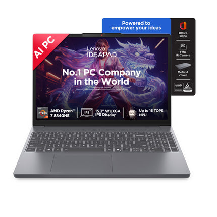 Lenovo IdeaPad Slim 3 AMD Ryzen 7 8840HS 15.3 inch (38.8cm) WUXGA IPS AI PC Laptop(16GB RAM/512GB SSD/Windows 11/Office Home 2024/Backlit Keyboard/1Yr ADP Free/Grey/1.6Kg), 83KA0048IN 