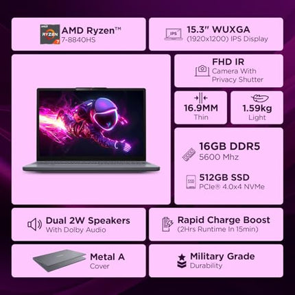 Lenovo IdeaPad Slim 3 AMD Ryzen 7 8840HS 15.3 inch (38.8cm) WUXGA IPS AI PC Laptop(16GB RAM/512GB SSD/Windows 11/Office Home 2024/Backlit Keyboard/1Yr ADP Free/Grey/1.6Kg), 83KA0048IN 