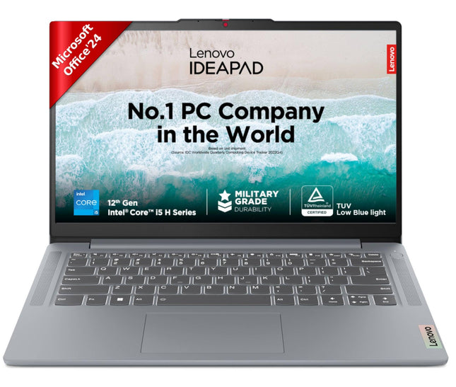 Lenovo IdeaPad Slim 3, Intel Core i5-12450H, 12th Gen, 16GB RAM, 512GB SSD, FHD, 14"/35.5cm, Windows 11, MS Office Home 2024, Grey, 1.37Kg, 83EQ0072IN, Alexa Built-in, 3 mon. Game Pass Laptop 