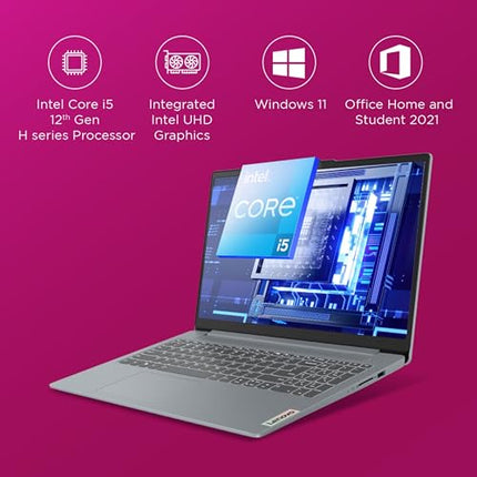Lenovo IdeaPad Slim 3, Intel Core i5-12450H, 12th Gen, 16GB RAM, 512GB SSD, FHD IPS, 15.6"/39.6cm, Windows 11, MSOffice 21, Grey, 1.6Kg, 83ER008DIN, Intel UHD Graphics, Backlit KB,1 Yr ADP Free Laptop 