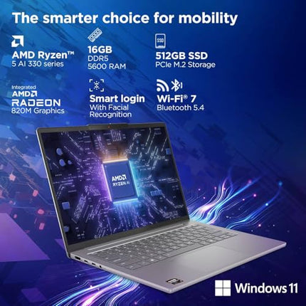 Lenovo IdeaPad Slim 5 AMD Ryzen AI 5 330 (16GB RAM/512GB SSD/14 (35.5cm)/WUXGA IPS/Copilot+ PC/Windows 11/Office Home 2024/Backlit Keyboard/1Yr ADP Free/Grey/1.4Kg), 83HX008XIN AI Laptop 