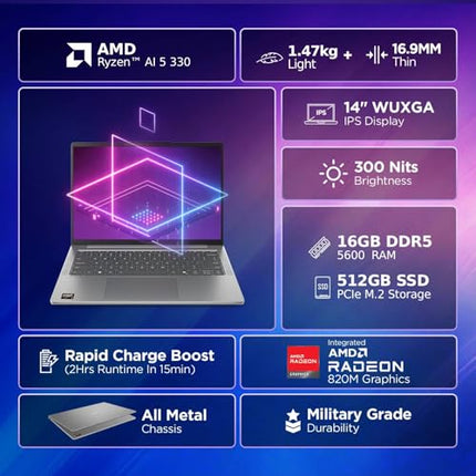 Lenovo IdeaPad Slim 5 AMD Ryzen AI 5 330 (16GB RAM/512GB SSD/14 (35.5cm)/WUXGA IPS/Copilot+ PC/Windows 11/Office Home 2024/Backlit Keyboard/1Yr ADP Free/Grey/1.4Kg), 83HX008XIN AI Laptop 