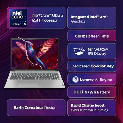 Lenovo IdeaPad Slim 5 Intel Core Ultra 5 125H Built-in AI 16" (40.64cm) WUXGA-IPS 300Nits Thin & Light Laptop (16GB/512GB SSD/Win 11/100%sRGB/MSO/1Yr ADP Free/3 month Game Pass/Grey/1.8Kg), 83DC007LIN 