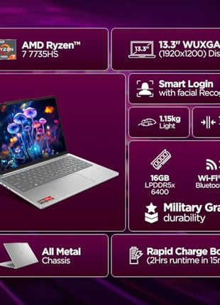Lenovo IdeaPad Slim 5 Ryzen 7 7735HS (16GB RAM/512GB SSD/Integrated AMD Radeon 680M Graphics/WUXGA IPS Display/13.3" (33.7cm)/Windows 11/Office Home 2024/Backlit KB/Grey/1.15Kg), 83J2000HIN Laptop 