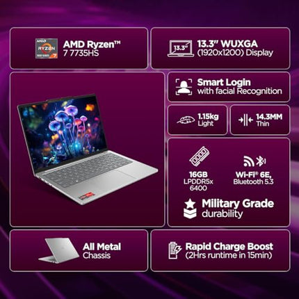Lenovo IdeaPad Slim 5 Ryzen 7 7735HS (16GB RAM/512GB SSD/Integrated AMD Radeon 680M Graphics/WUXGA IPS Display/13.3" (33.7cm)/Windows 11/Office Home 2024/Backlit KB/Grey/1.15Kg), 83J2000HIN Laptop 