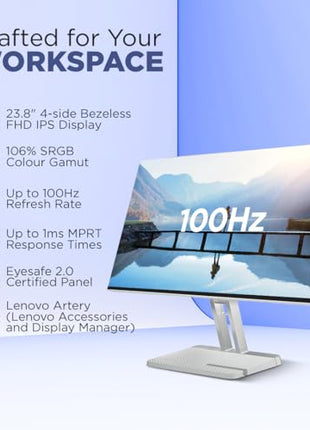 Lenovo L-Series 24 inch (60.45cm) FHD IPS Monitor| 100Hz, 1ms, FreeSync, 99% sRGB, 3Wx2 Speakers, 1x HDMI 1.4, 1x VGA, Tilt, Smart Display Customization Artery Cloud Grey, L24i-4A 