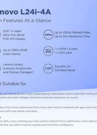 Lenovo L-Series 24 inch (60.45cm) FHD IPS Monitor| 100Hz, 1ms, FreeSync, 99% sRGB, 3Wx2 Speakers, 1x HDMI 1.4, 1x VGA, Tilt, Smart Display Customization Artery Cloud Grey, L24i-4A 