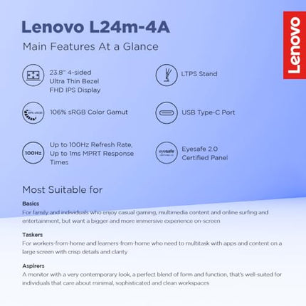 Lenovo L-Series 24 inch (60.4cm) FHD IPS Monitor| 100Hz, 1ms, FreeSync, 3Wx2 Speakers, 4xUSB-A, 1xUSB-C, 1x HDMI, PD-45W, Tilt, Swivel,Pivot Height Adjust Stand: for Home & Office use, Grey, L24m-4A 