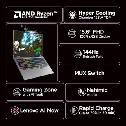 Lenovo LOQ 2025 AMD Ryzen 7 250| NVIDIA RTX 5050 8GB (24GB RAM/1TB SSD/144Hz Refresh Rate/440 AI TOPS/15.6" (39.6cm)/Windows 11/Office 2024/3 Mon. Game Pass/Grey/2.4Kg), 83JG008NIN 