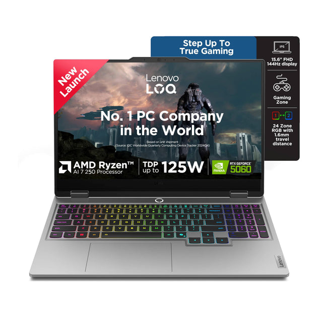 Lenovo LOQ 2025 AMD Ryzen 7 250| NVIDIA RTX 5060 8GB (24GB RAM/1TB SSD/144Hz Refresh Rate/572 AI TOPS/15.6" (39.6cm)/Windows 11/Office 2024/3 Mon. Game Pass/Grey/2.4Kg), 83JG008MIN 