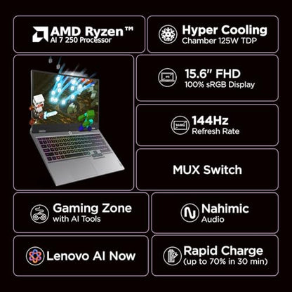 Lenovo LOQ 2025 AMD Ryzen 7 250| NVIDIA RTX 5060 8GB (24GB RAM/1TB SSD/144Hz Refresh Rate/572 AI TOPS/15.6" (39.6cm)/Windows 11/Office 2024/3 Mon. Game Pass/Grey/2.4Kg), 83JG008MIN 