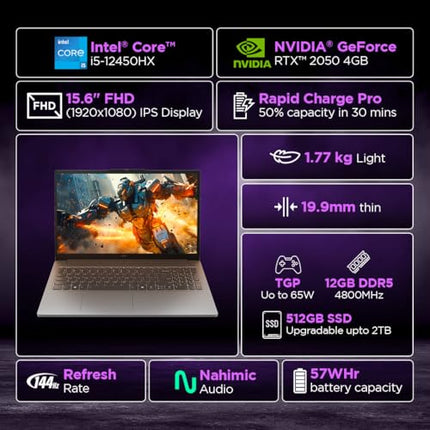 Lenovo LOQ Essential Intel Core i5-12450HX| NVIDIA RTX 2050 4GB (12GB RAM/512GB SSD/144Hz/15.6" (39.6cm)/Windows 11/Office Home 2024/3 Mon. Game Pass/Grey/1.7Kg), 83LK0032IN AI Gaming Laptop 