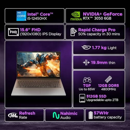 Lenovo LOQ Essential Intel Core i5-12450HX| NVIDIA RTX 3050 6GB (12GB RAM/512GB SSD/144Hz Refresh Rate/15.6" (39.6cm)/Windows 11/3 Mon. Game Pass/Grey/1.7Kg), 83LK006AIN AI Gaming Laptop 
