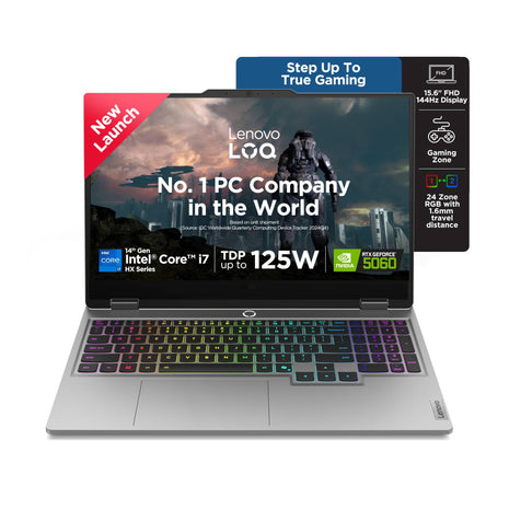 Lenovo LOQ, Intel Core i7 14th Gen 14700HX, NVIDIA RTX 5060 8GB, 16GB RAM, 1TB SSD, 15.6"(39.6cm), 144Hz, Windows 11, Office 2024, Grey, 2.4Kg, 83JE00U5IN, 572 AI Tops, 3 Mon. Game Pass Gaming Laptop 