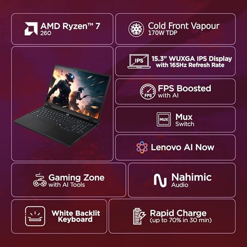 Lenovo Legion 5 2025 AMD Ryzen 7 260 | NVIDIA RTX 5060 8GB (16GB RAM/1TB SSD/WUXGA IPS/165Hz/15(39.6cm)/Windows 11/Office 2024+AI Now/Black/2.5Kg), 83M00074IN AI Powered Gaming Laptop 