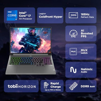 Lenovo Legion 5 Intel Core i7-14650HX 16" (40.64cm) WQXGA IPS 350Nits 165Hz Gaming Laptop (16GB/1TB SSD/Win 11/Office 2021/NVIDIA RTX 4070 8GB/100%sRGB/Alexa/3 Month Game Pass/Grey/2.3Kg), 83DG009DIN 