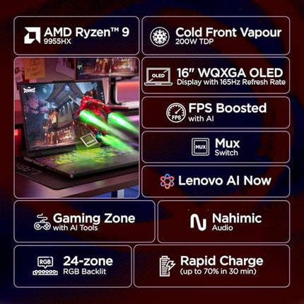 Lenovo Legion Pro 5 2025 AMD Ryzen 9 9955HX | NVIDIA RTX 5060 8GB (32GB RAM/1TB SSD/WQXGA OLED/165Hz/16 (40.6cm)/Windows 11/Office 2024+AI Now/Black/2.3Kg), 83F20037IN AI Powered Gaming Laptop 