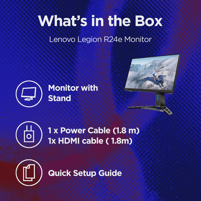Lenovo Legion R24e | 24" (60.9cm) FHD 180Hz Gaming Monitor | 0.5ms, AMD FreeSync, 99% sRGB, 1xHDMI 2.1 TMDS, 1xDP 1.4| Tilt, Swivel, Pivot, Height Adjust | Black | 67CCGAC4IN 