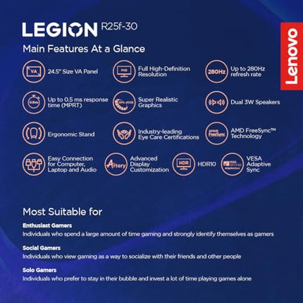 Lenovo Legion R25f-30, 25 Inch (63.50cm), FHD 1920x1080, 240Hz, Black, 0.5ms, AMD FreeSync, 99% sRGB, 90% DCI-P3, 3Wx2 Speaker, 2xHDMI, 1xDP, Tilt, Swivel, Pivot, Height Adjust Stand Gaming Monitor 