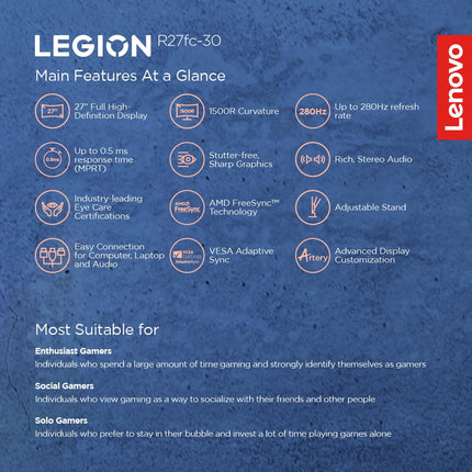 Lenovo Legion R27fc-30, 27 Inch (68.58cm), FHD 1920x1080, 240Hz, Black, 0.5ms, AMD FreeSync, NVIDIA G-Sync, 99% sRGB, Speaker, 2xHDMI, 1xDP, Tilt, Swivel, Pivot, Height Adjust Stand Gaming Monitor 