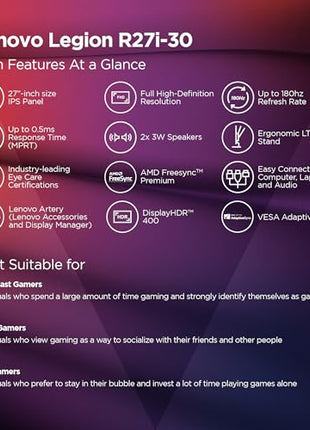 Lenovo Legion R27i-30 | 27 Inch (68.5cm) 165Hz LED Gaming Monitor | 0.5ms, AMD FreeSync, 99%sRGB, 90% DCI-P3, 3Wx2 Speaker, 2xHDMI 2.1,1xDP| Tilt, Swivel, Pivot, Height Adjust Stand, Black, 67B5GAC1IN 