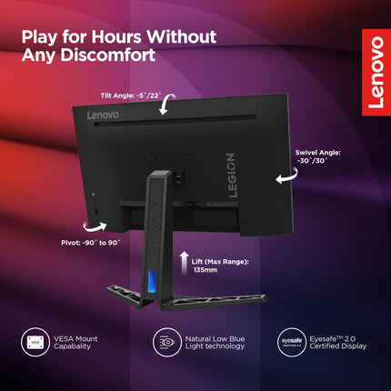 Lenovo Legion R27q-30 | 27 Inch (68.58cm) 180Hz 2K QHD Gaming Monitor | 0.5ms, AMD FreeSync, 99%sRGB, 90% DCI-P3, 3Wx2 Speaker, 2xHDMI, 1xDP|Tilt, Swivel, Pivot, Height Adjust Stand, Black, 67B4GAC1IN 