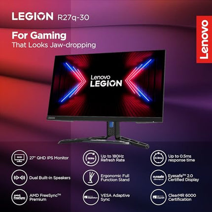Lenovo Legion R27q-30 | 27 Inch (68.58cm) 180Hz 2K QHD Gaming Monitor | 0.5ms, AMD FreeSync, 99%sRGB, 90% DCI-P3, 3Wx2 Speaker, 2xHDMI, 1xDP|Tilt, Swivel, Pivot, Height Adjust Stand, Black, 67B4GAC1IN 