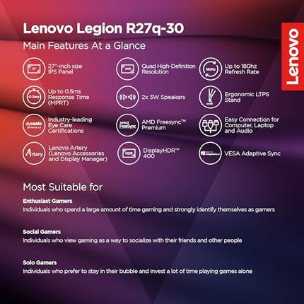 Lenovo Legion R27q-30 | 27 Inch (68.58cm) 180Hz 2K QHD Gaming Monitor | 0.5ms, AMD FreeSync, 99%sRGB, 90% DCI-P3, 3Wx2 Speaker, 2xHDMI, 1xDP|Tilt, Swivel, Pivot, Height Adjust Stand, Black, 67B4GAC1IN 