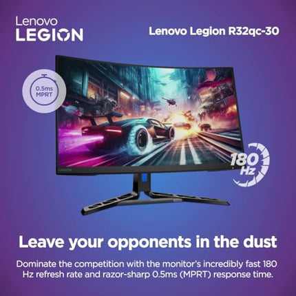 Lenovo Legion-R32qc-30 | 32" (81.2cm) QHD 180Hz Curved Gaming Monitor | 0.5ms, AMD FreeSync, 99% sRGB, 3Wx2Speaker, 2xHDMI 2.1 TMDS, 1xDP 1.4| Tilt, Swivel, Pivot, Height Adjust | Black | 67C8GAC1IN 