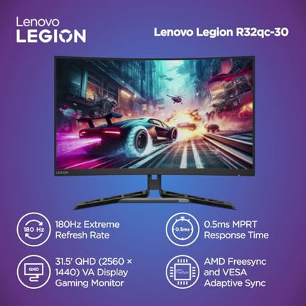 Lenovo Legion-R32qc-30 | 32" (81.2cm) QHD 180Hz Curved Gaming Monitor | 0.5ms, AMD FreeSync, 99% sRGB, 3Wx2Speaker, 2xHDMI 2.1 TMDS, 1xDP 1.4| Tilt, Swivel, Pivot, Height Adjust | Black | 67C8GAC1IN 