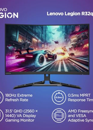Lenovo Legion-R32qc-30 | 32" (81.2cm) QHD 180Hz Curved Gaming Monitor | 0.5ms, AMD FreeSync, 99% sRGB, 3Wx2Speaker, 2xHDMI 2.1 TMDS, 1xDP 1.4| Tilt, Swivel, Pivot, Height Adjust | Black | 67C8GAC1IN 