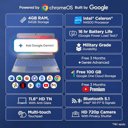 Lenovo {SmartChoice)Chromebook Intel Celeron N4500 (4GB RAM/64GB eMMC 5.1/11.6 Inch (29.46cm)/HD Display/2Wx2 Stereo Speakers/HD Camera/Chrome OS/Blue/1.21Kg), 82UY0014HA 