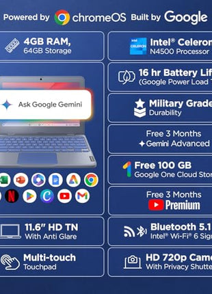 Lenovo {SmartChoice)Chromebook Intel Celeron N4500 (4GB RAM/64GB eMMC 5.1/11.6 Inch (29.46cm)/HD Display/2Wx2 Stereo Speakers/HD Camera/Chrome OS/Blue/1.21Kg), 82UY0014HA 